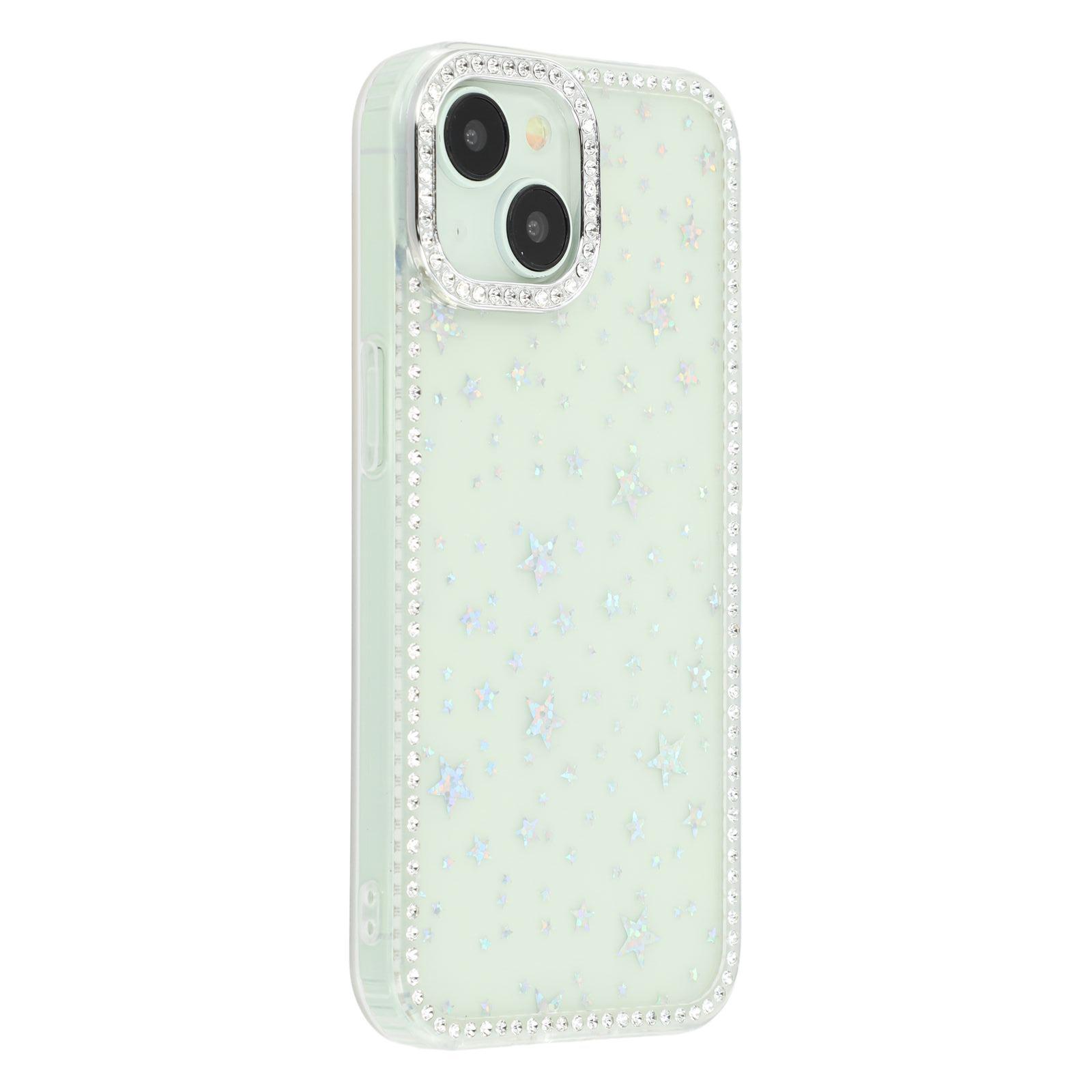 

For iPhone 15 Case Rhinestone Edge Glitter Back TPU+PC IMD Phone Cover Starry Transparent