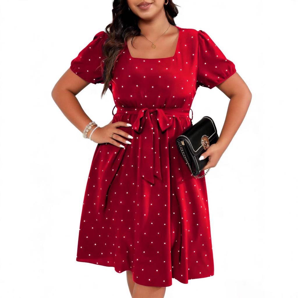 Elegant Retro Polka Dot Tie-up Square Neck Plus Size Dress with Waist-cinching Big Hem Skirt