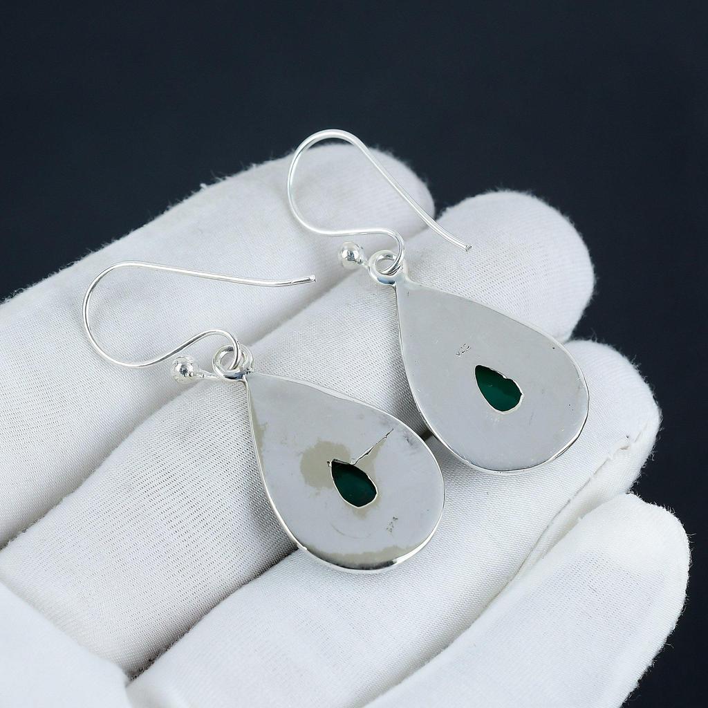 Natural Green Onyx Gemstone Earrings, 925 Sterling Silver Earring, Handmade Boho Silver Jewelry Dangle Earrings, Anniversary Gift