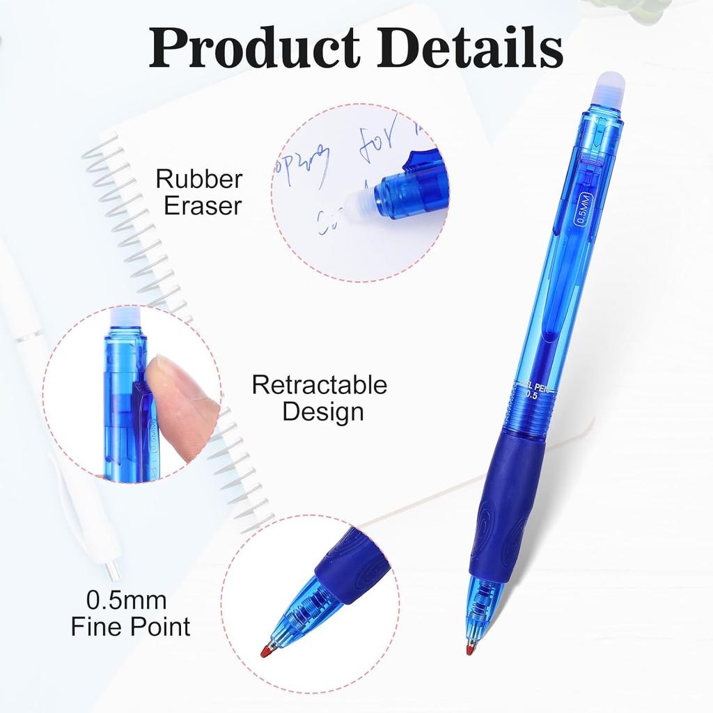 12pack Eraseable Pens, 0.5mm Click Fine Point Retractable Erasable Gel Pens Stationery Supplies for Writing Completing Sudoku Crossword Puzzles