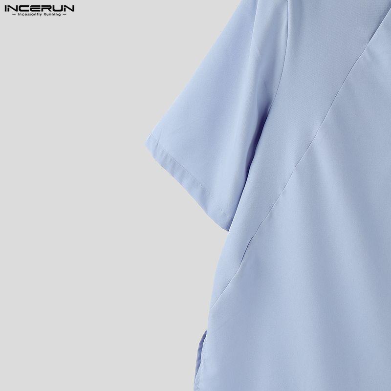 INCERUN Summer Men Stand Neck Short Sleeve  Splits Casual Long T-shirts Tee