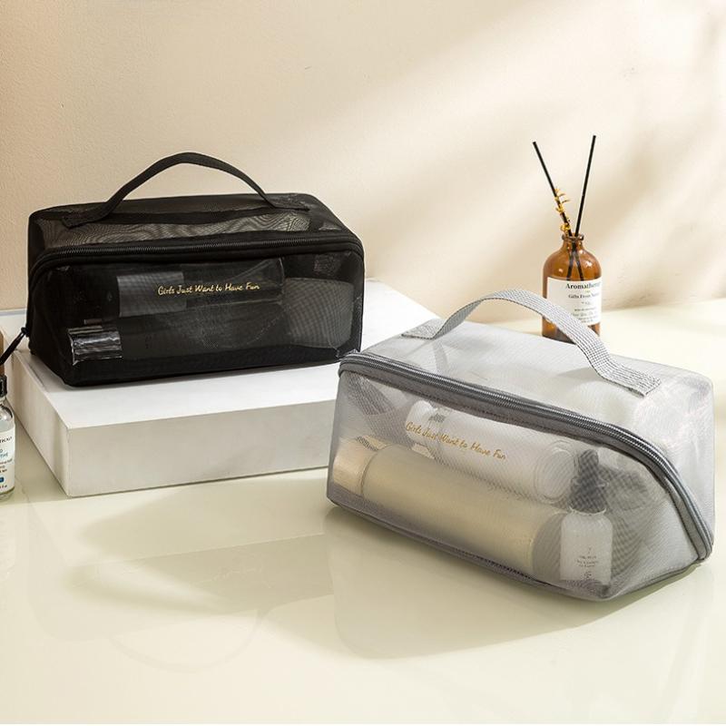 Neue Kosmetiktasche mit großem Fassungsvermögen aus Mesh, transparent, Waschtasche, Reise-Kosmetiktaschen, Damen-Handheld-Make-up-Beutel, Reise-Toilettentasche
