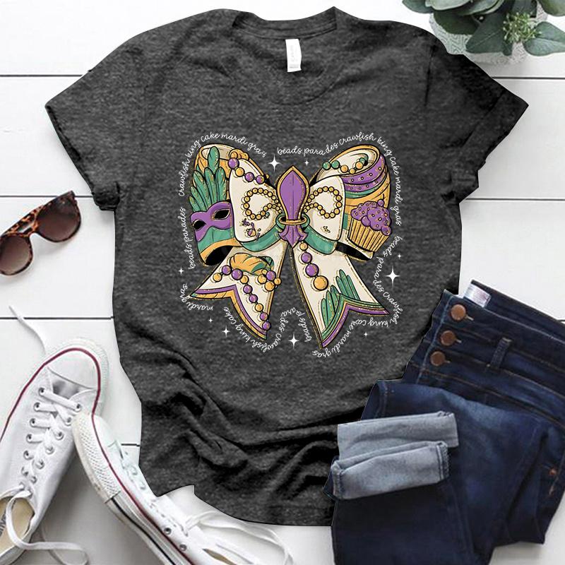 Mardi Gras Coquette Bow Design Tshirt Women Mardi Gras Vibes Vintage T Shirt Crew Neck Fat Tuesday Carnival Bow Shirt for Women