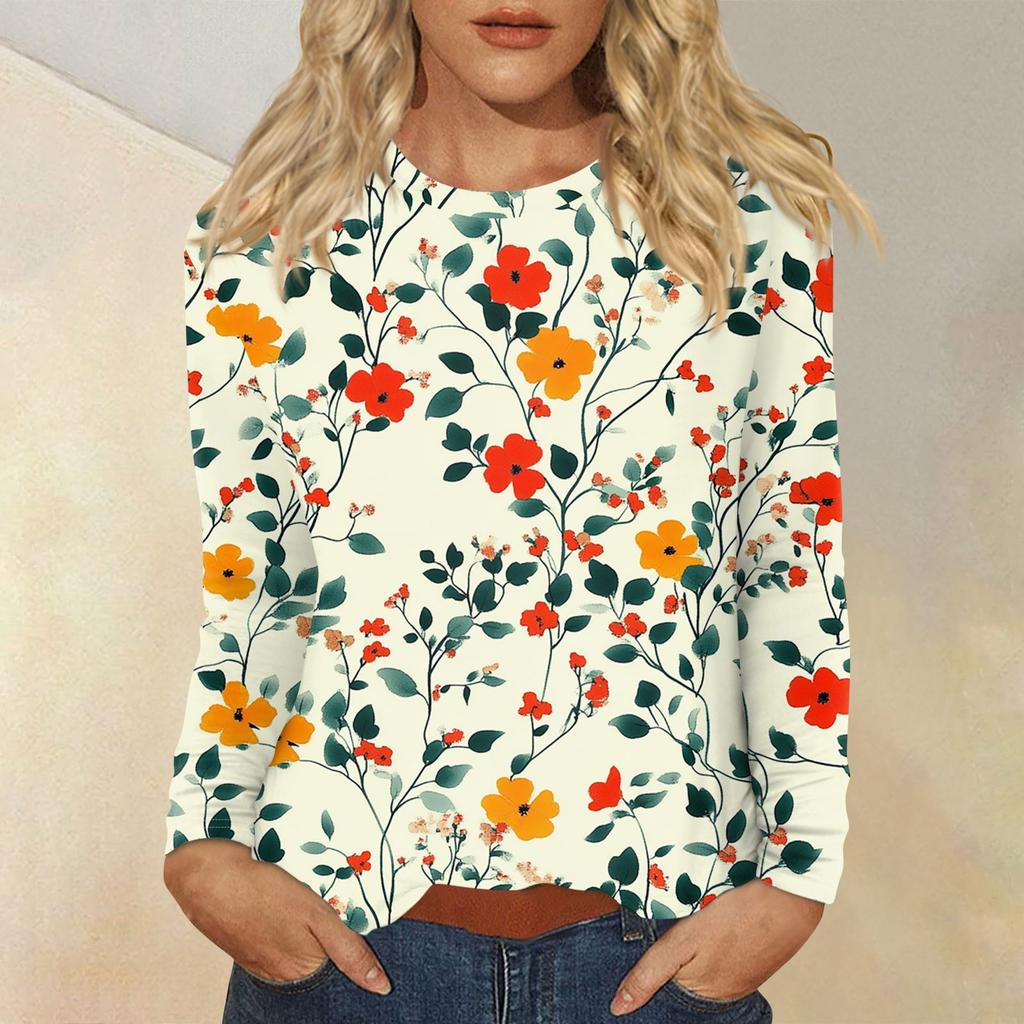 Women's Fashion Casual Round Neck Long Sleeve Printed T-shirt Top