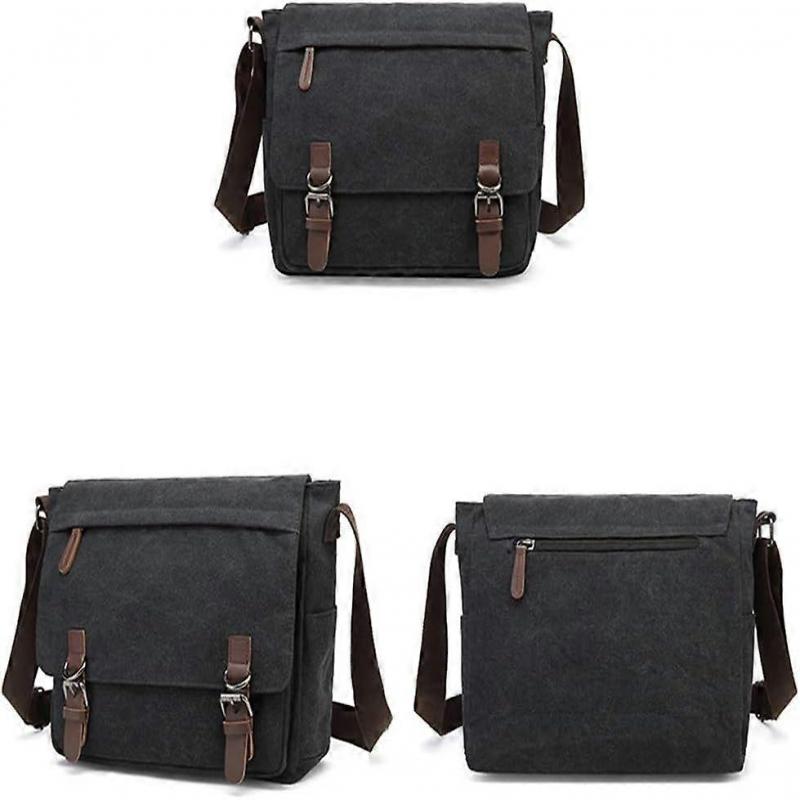 Canvas Leder Umhängetasche für Herren 15,6 Zoll Laptop, Vintage Schulter Aktentasche, Arbeitstasche, Schwarz