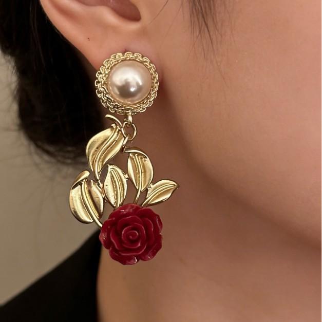 Baroque Pearl Leaf Rose Flower Earrings Temperament Stud Earrings Retro Earrings Premium Light Luxury Earrings Accessories