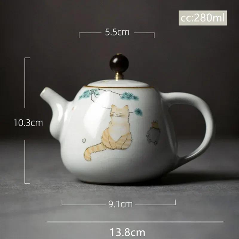 280ml Tetera de Cerámica Tradicional Kiln Ru Hecha a Mano Tetera con Dibujo de Gato Lindo Tetera Portátil de Viaje Tetera con Filtro Juego de Té para el Hogar Vajilla