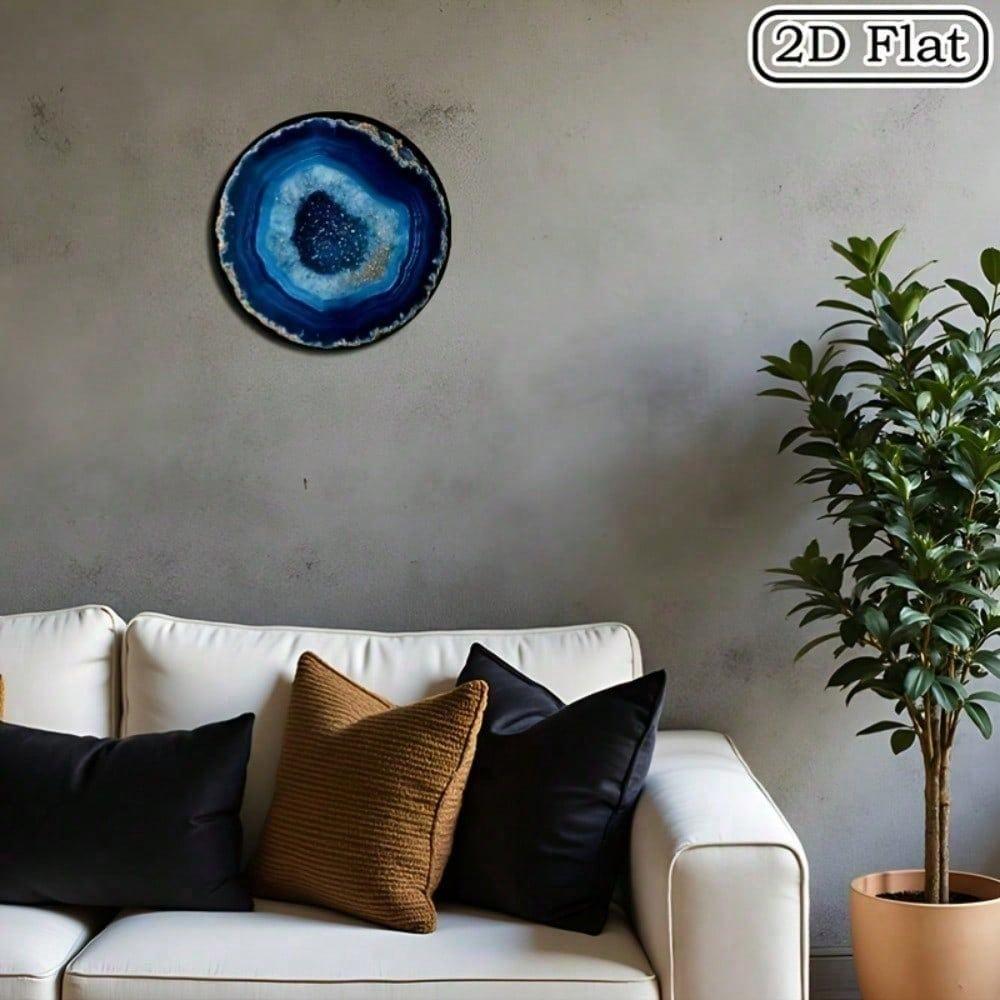 Arte de Parede Redonda em Metal com Ágata Azul Boho 8x8 Polegadas Placa de Alumínio Resistente às Intempéries Detalhes Dourados Decoração Vintage para Casa Boho