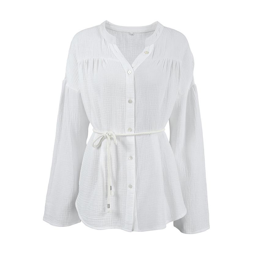 Herbst Europäischer und Amerikanischer Kreppgarn Reine Baumwolle Schnürhemd Damen Locker Mittel und Lang Stehkragen Langärmel Strickjacke Oberteil Damen