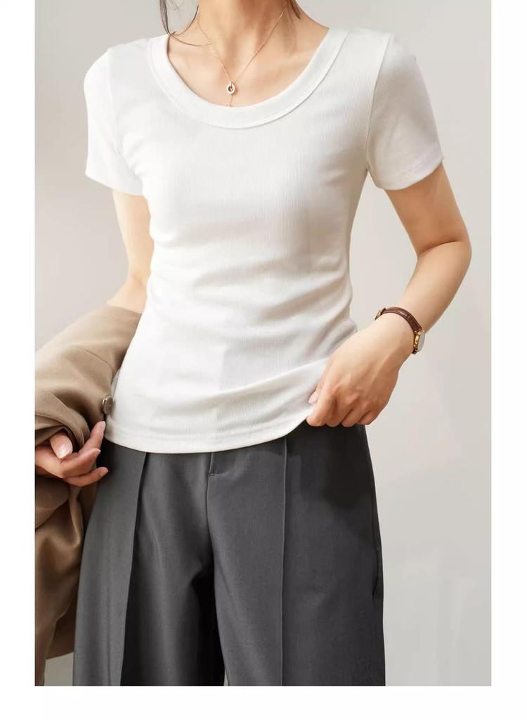 Damen Sommer 2025 Schlank geschnittenes geripptes U-Ausschnitt T-Shirt - Vielseitig Große Größen, Hohe Elastizität, Kurzarm Basis-Top