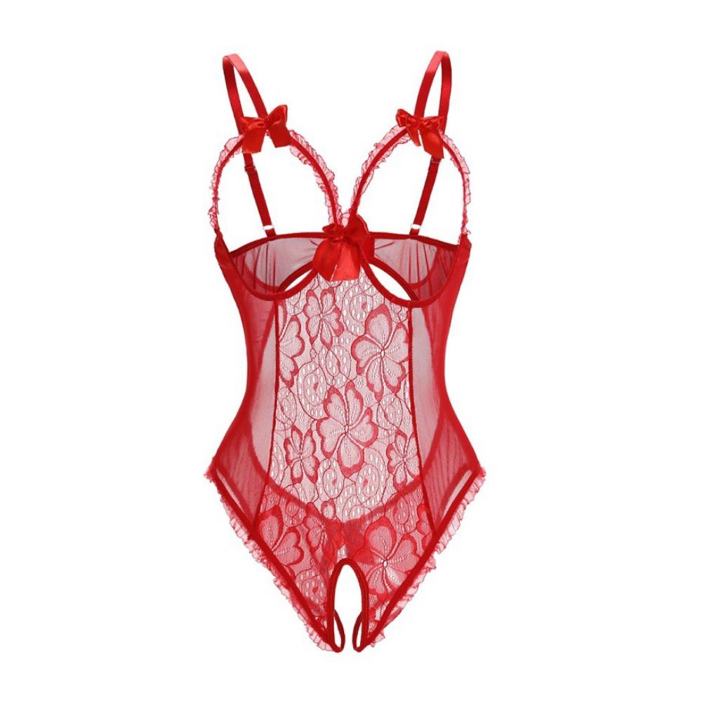 Deep V Women Underwear Open Crotch Lace Sling Nightwear Sweet Lace Bow Bodysuit Gifts