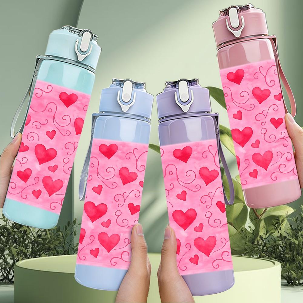 1PC Pink Red Heart Love Pattern Print 750ml Color Plastic Sports Water Bottle Leakproof Flip Straw Lid Suitable for Sports Office Home Use