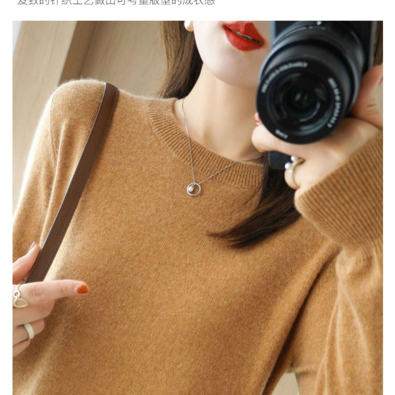 

Autumn and Winter Round Neck Sweater Women s Pullover Knitted Sweater Solid Color Long Sleeved Women s Thin Design 2XL