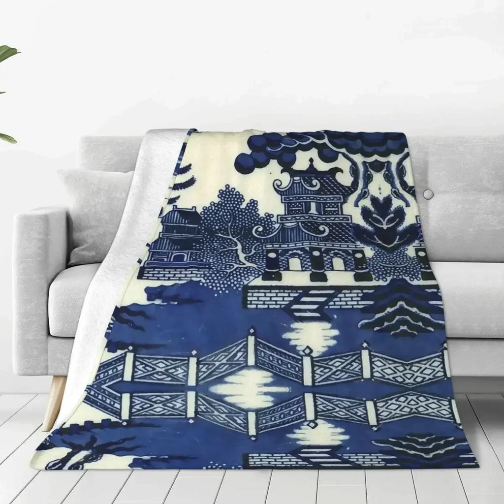 Starožitné Willow Ware Orientální Toile Deky Sametové Jarní Modré Delft Víceúčelové Tenké Přehozy na Postel Auto Koberec Kus