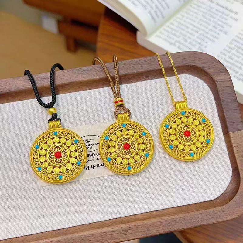 Antique gold craftsm hollow out colorful flower necklace enamel eight treasures compass pendant sweater chain banquet