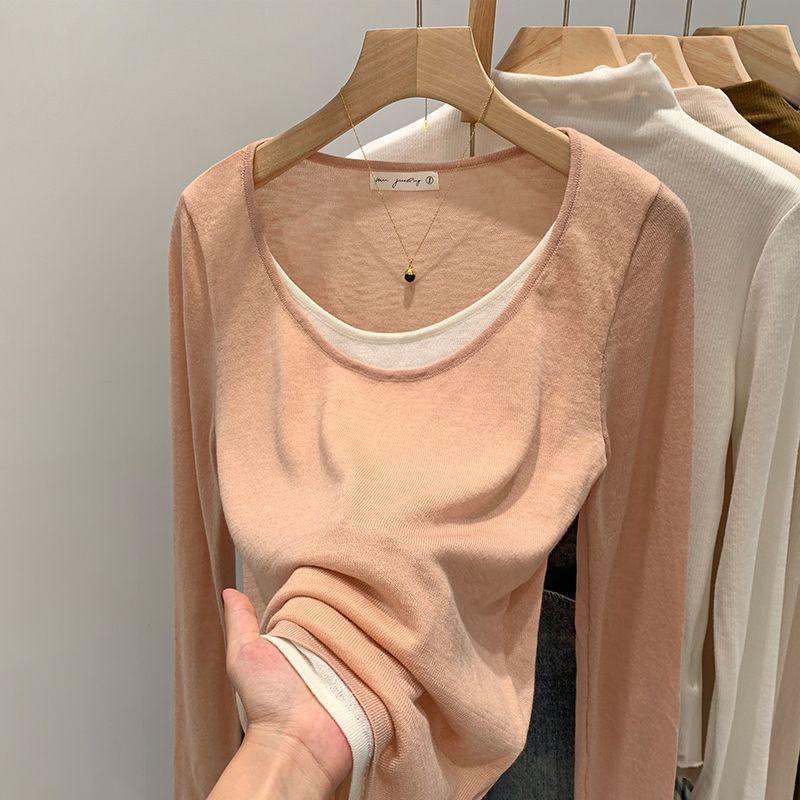 Plus Size Women's Contrast Knit Base Layer Top, Spring & Autumn, Loose Fit, Fake Two-Piece, Relaxed Feel.