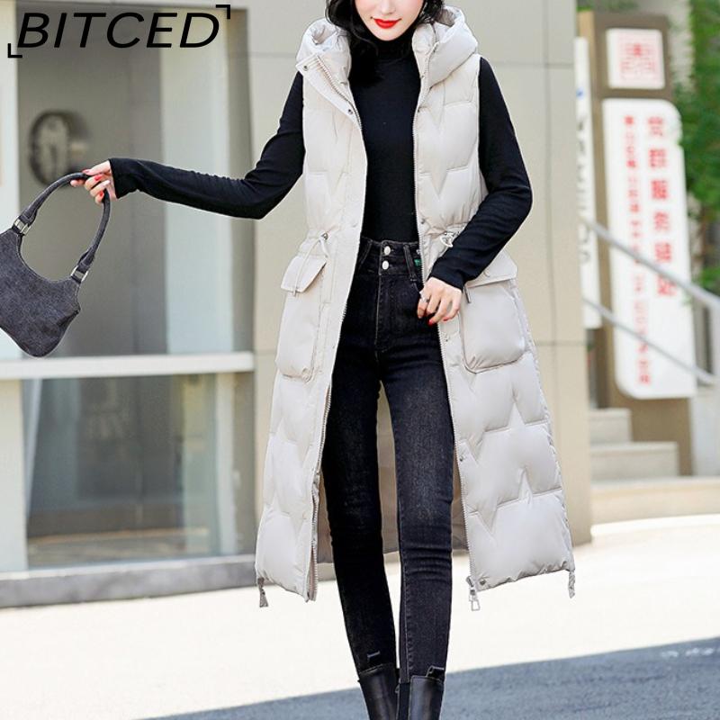 BITCED Women's Plus Size Long Down-Filled Quilted Vest with Hood, Thickened Sleeveless Coat for Autumn/Winter