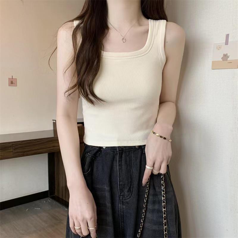 Women's Wide-Shoulder Square-Neck Camisole with Built-In Bra - Versatile Innerwear/Outerwear