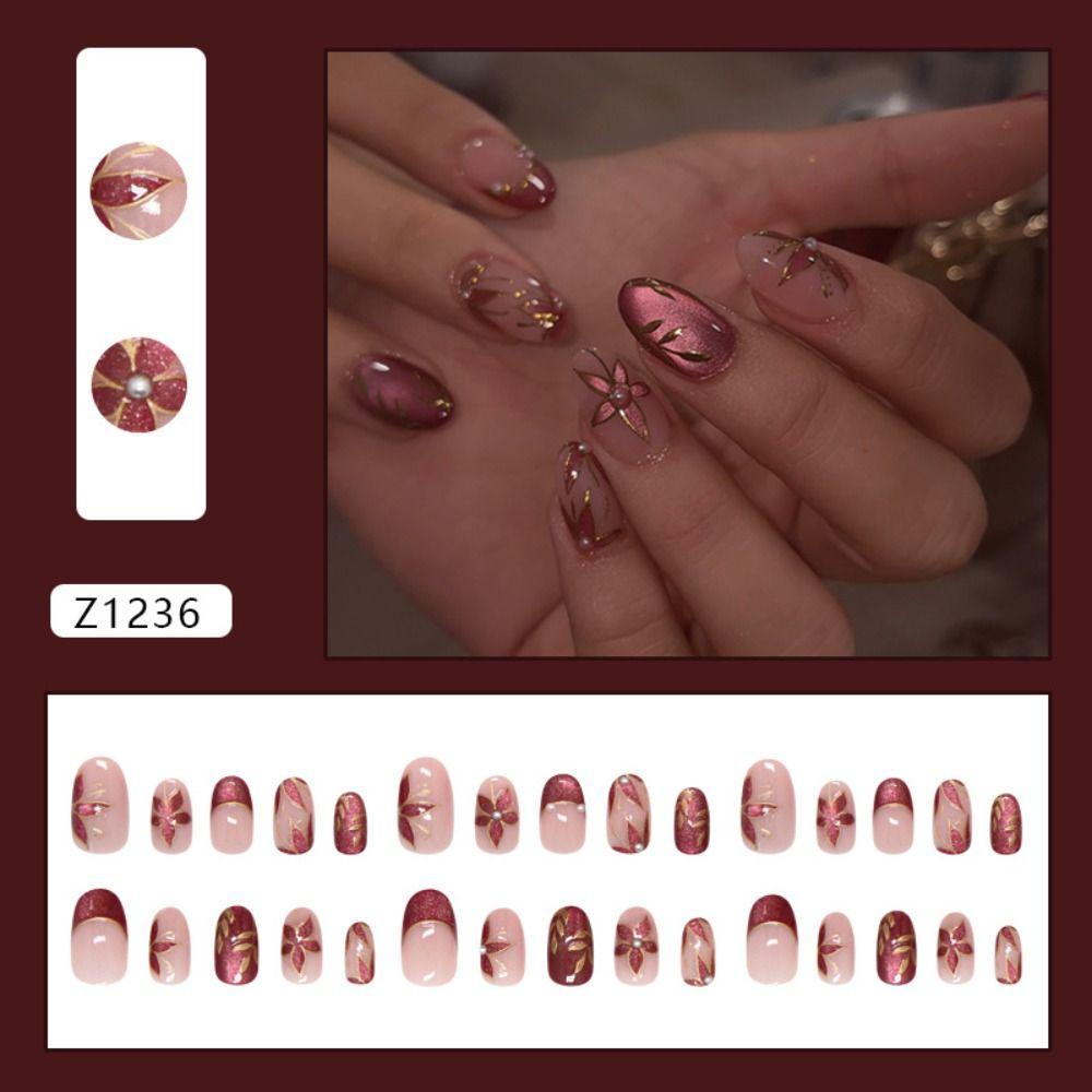 Long Almond Fake Nails Flowers Nail Tips Manicure Press On Nails Women