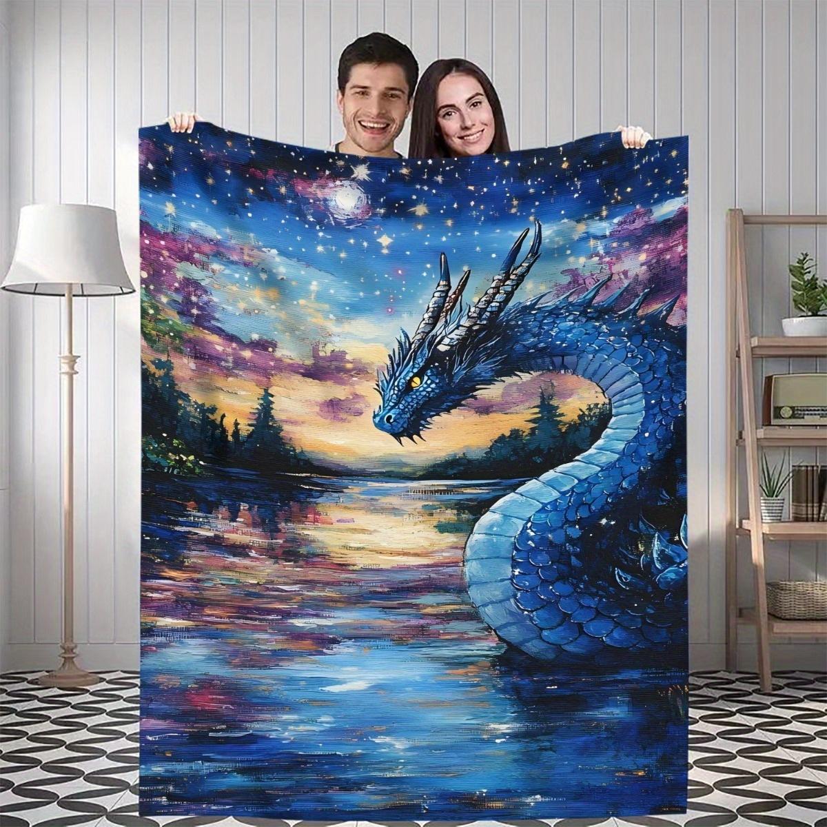 

1pc Dragon Under the Starry Sky Blanket - Soft Flannel All-Season Throw with Mystical Dragon, Deep Blue & Purple Night Sky Desig 75x90cm28x35in