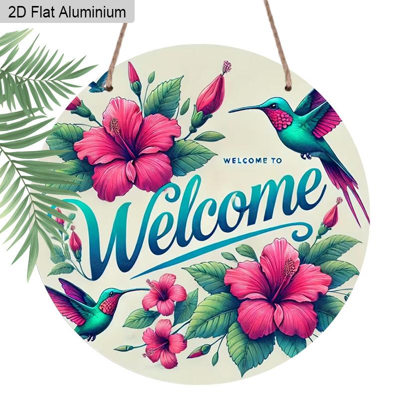 

2D Flat Aluminum Welcome Sign Round Metal Sign, Man Cave Wall Art Sign for Bar, Garage, Front Door, Vibrant Hummingbird and Hibiscus Floral Decor 1pc