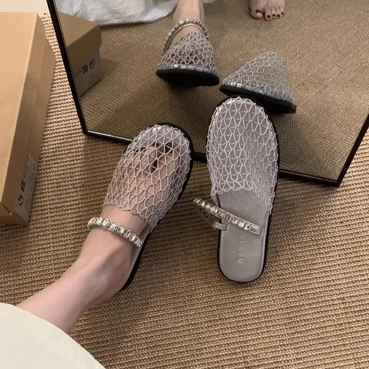 Flat-bottomed French Rhinestone Mesh Bag Head Half Slippers Women's Shoes Outer Wear 2025 Summer Vacation Beach Roman Sandals