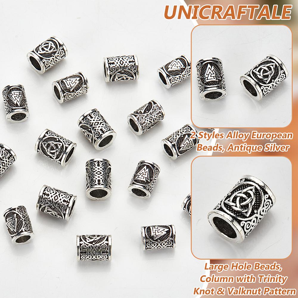 20Pcs 2 Styles Alloy European Beads Large Hole Beads Column with Trinity Knot & Valknut Pattern Antique Silver 15.5~16x11~12.5mm Hole: 7~8.5mm