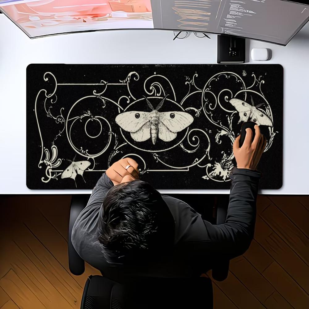 Gaming Mouse Pad Black White Gothic Butterfly Moth Pattern Deskmat Non-Slip Rubber Keyboard Mat Grunge XXL Desktop Table Mat