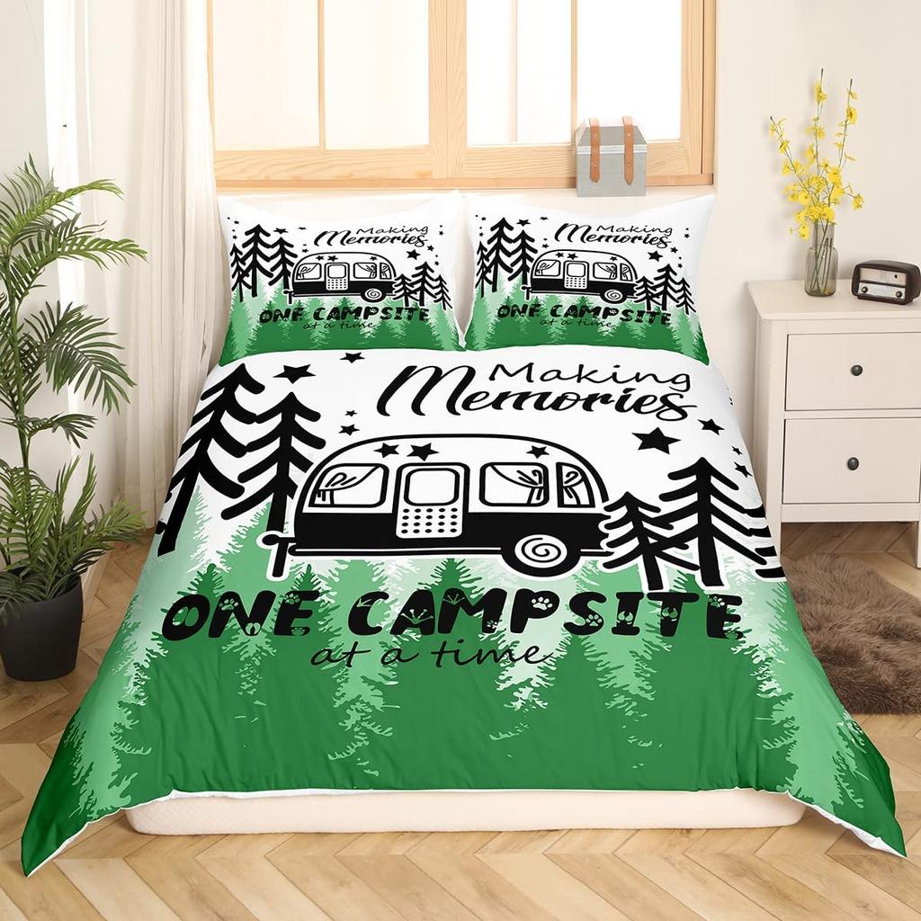 Happy Camping Comforter Cover King, Summer Camping Decoration Bedding For Boy Teens Family, Beach Vacation Style Duvet Cover Set