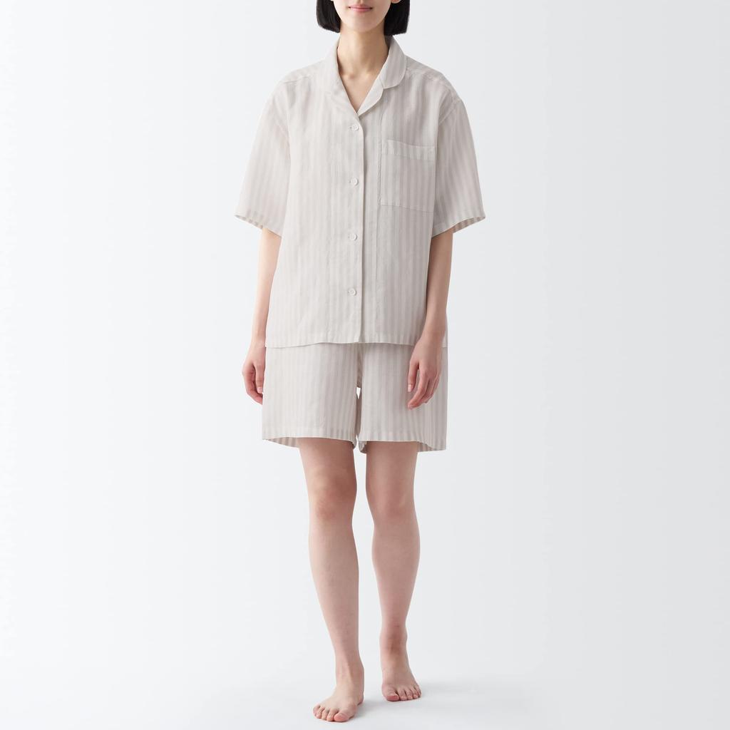Pijamale MUJI Naturally Derived Cool Touch Lyocell Hemp cu mânecă scurtă FDB06A3S gri deschis cu dungi XL pentru femei