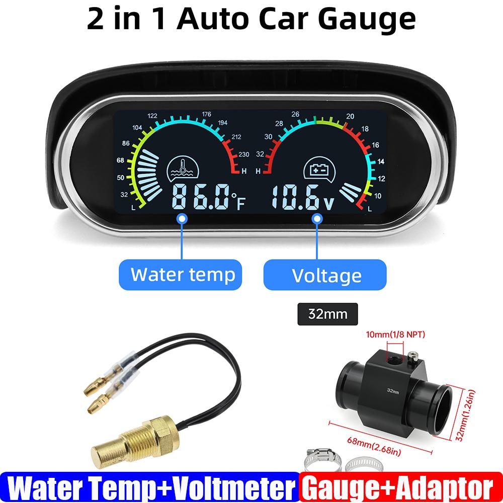 Dual Gauge 2 IN 1 LCD Meter Water Temperature Gauge+VOLTS with Sensor Water Temp Joint Pipe Sensor 26MM 40MM Hose Adapter 12V24V