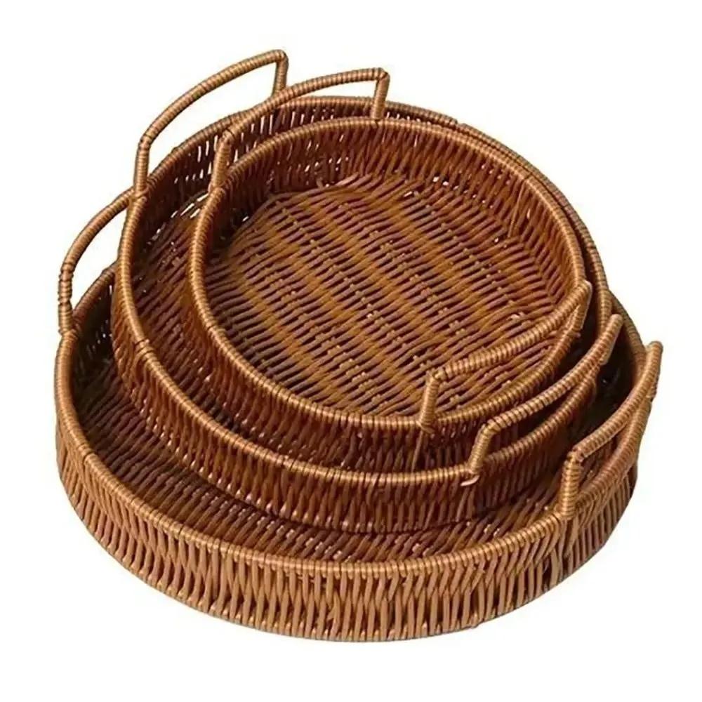 20/25/30/35cm Handwoven Rattan Basket Plastic Imitation Double Ears Rattan Storage Tray with Handle Round Shape Basket