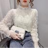 Damen Elegantes und Modisches Retro Stehkragen Hemd mit Rüschen Spitze Langarmhemd, Lockerer Chiffon Hemd Plissee Oberteil