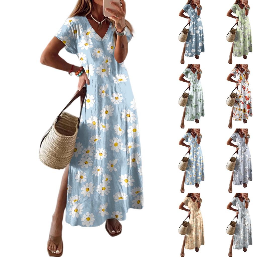 Women Summer Floral Dress Short Sleeve Beach Dress With Pockets Casual V-Neck Split Long T-Shirt Dress Travel Vacation