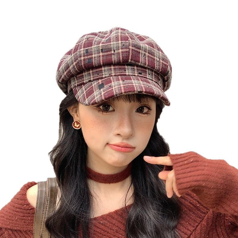 Plaid Octagonal Painter's Hat Women's Autumn and Winter Literary Retro Face Showing Small Cloud Hat Fashionable and Versatile Duck Beret