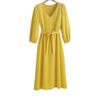 Women's Solid Color Long-sleeved V-neck Elegant and Versatile Commuting Casual Midi Dress