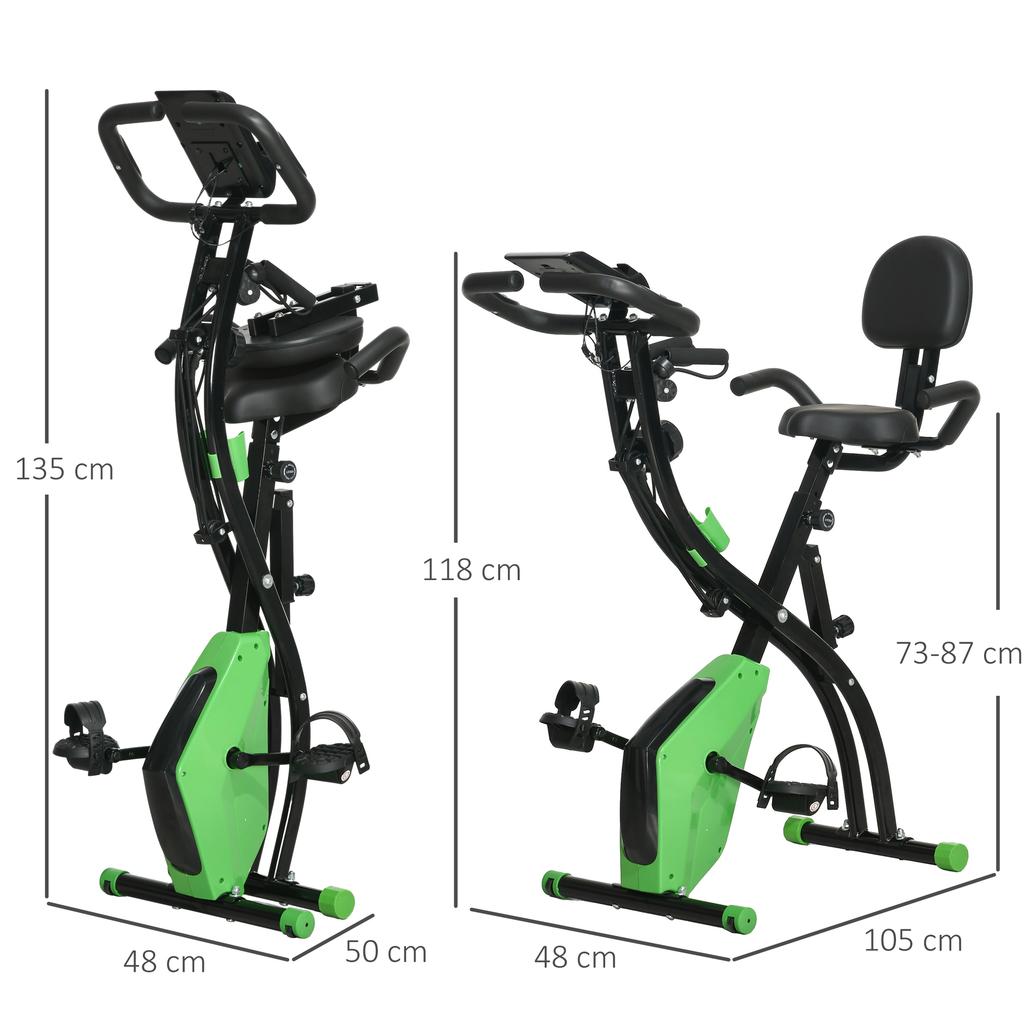 Cyclette Pieghevole 2-in-1 con Resistenza Magnetica a 8 Livelli, Elastico per Braccia, Sensore di Battito Cardiaco, Verde