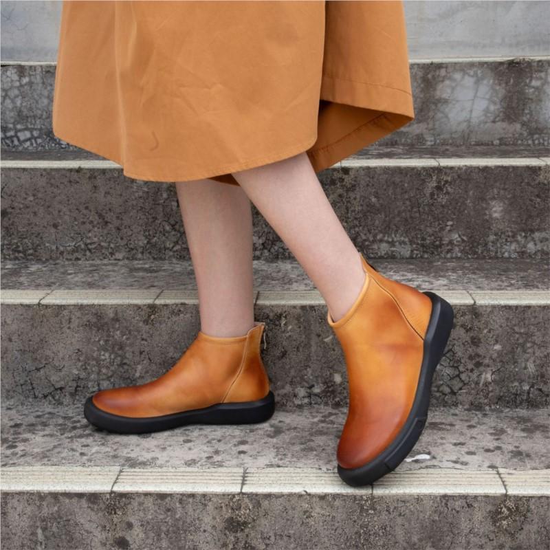 Johnature Retro Versatile Short Boots Round Toe High-quality Cowhide Soft Soled Women's Leather Boots