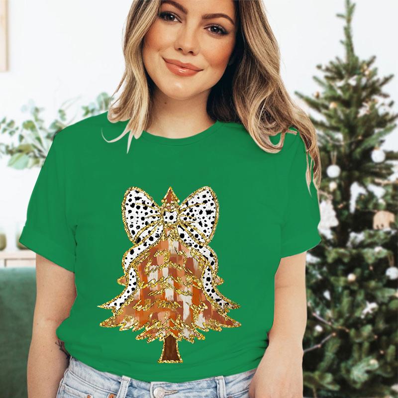 Merry Christmas Tree Design Tshirt Women Funny Festive Fashion Casual Green Tshirt Creative Xmas Tree Graphic Holiday Tops Tees