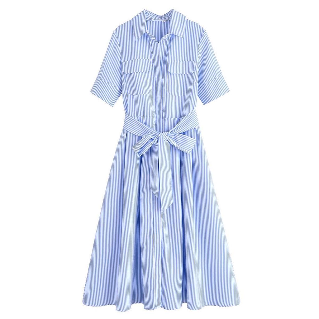 LYRIA Casual Striped Women Dress Lapel Single Breasted Short Sleeve Slim Waist Long Dresses New Lady Fashion Vacation Robe