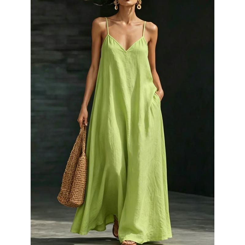 JPNTKY Women's Fashion Summer Spring Solid Color Print V-Neck Sleeveless Casual Dresses