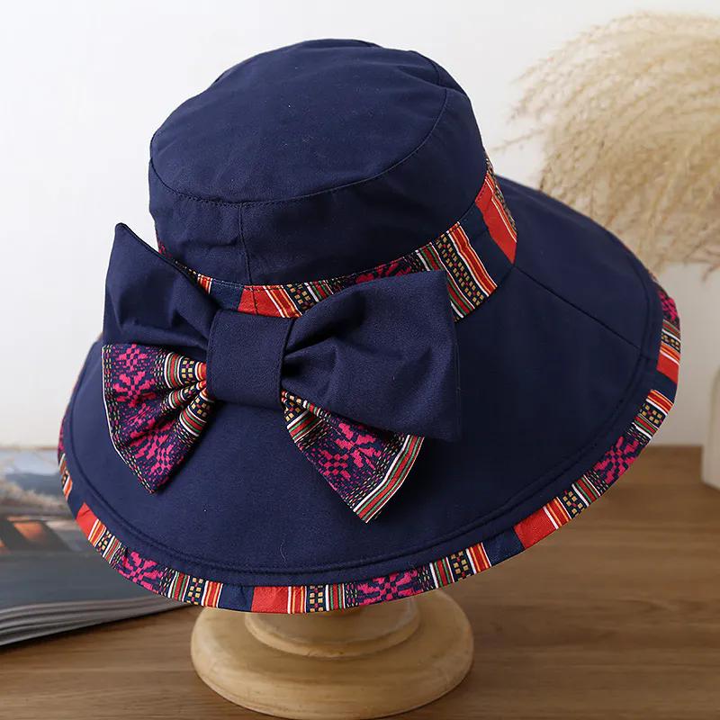 WTEMPO Women's Foldable Fashion Spring Summer Printed Wide Brim Bow Hats Simple Elegant Casual Holiday Sun Hats with Windproof Rope