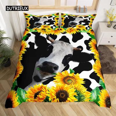 Set Husă Plapumă Vacă King Microfibră Vacă de Lapte și Floarea-Soarelui Galbenă Imprimeu Husă Plapumă Set de Lenjerie de Pat Drăguț cu Tematică Animală și Florală
