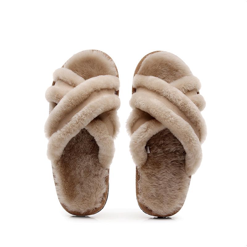 Women's Leather & Fur Cross Toe Flat Shoes - Cozy Autumn/Winter Versatile Thick-Soled Footwear for Home & Outdoor.