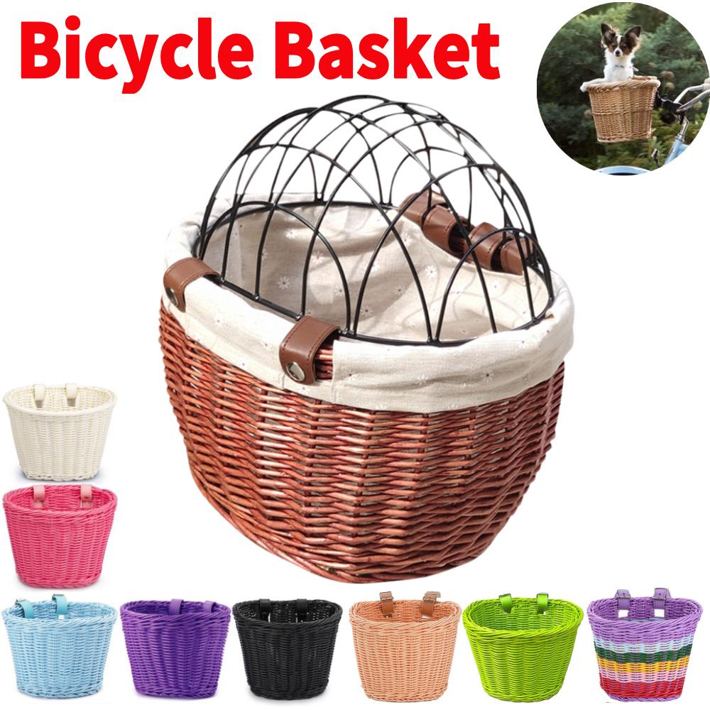 Bicycle Basket Rattan Wicker Bike Front Basket for Small Dogs Cats Pet Carrier Bag Waterproof for Camping Cycling Accessories