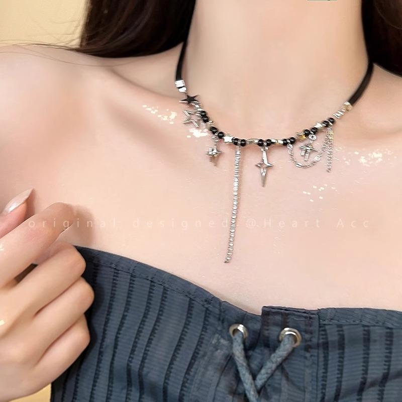 Sweet Cool Star Fringed Leather Rope Choker Y2K Hip Hop Collarbone Chain Light Luxury Accessories For Women Babes