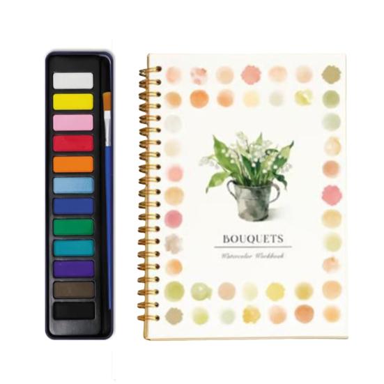 Watercolor Workbook with 12 Colors Pigment Step-by-Step Animal Flower Painting Guide Paper Coloring Book for Learning Techniques Stress Relief