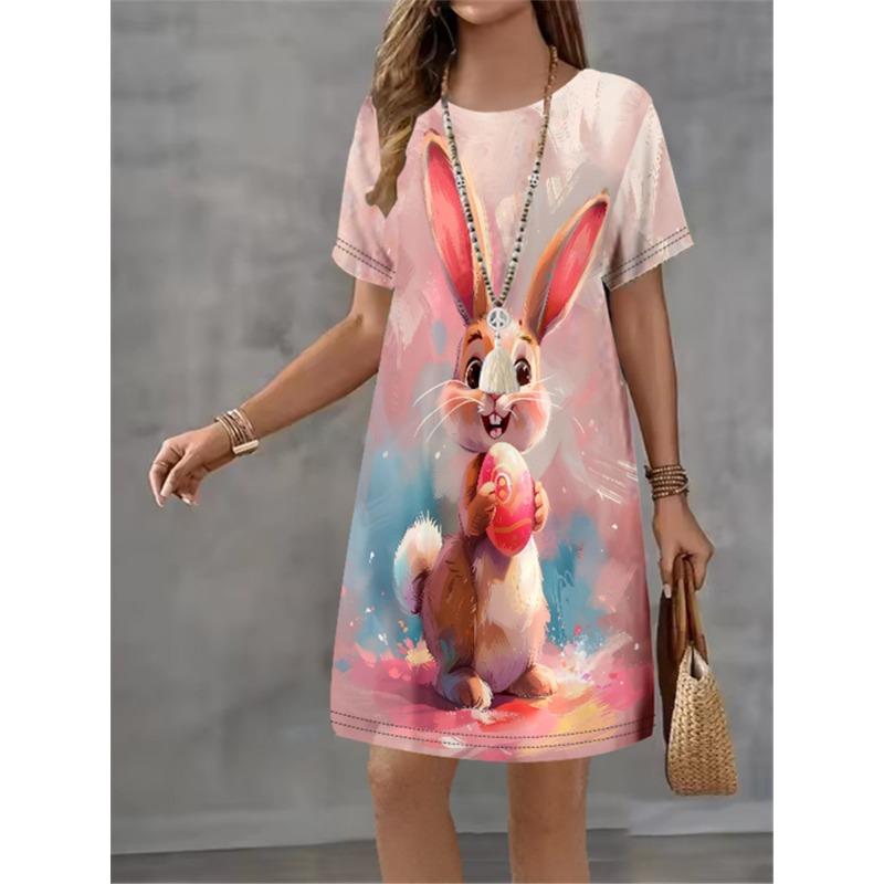 Women Dress Cute Rabbit Pattern Print Design Sense Pattern 2025 Summer Elegant Women A-Line Dress Casual Short Sleeve Mini Dress