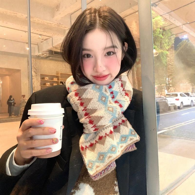 Women S Winter Jacquard Knitted Scarf Retro Thickened Warm Woolen Scarf Fashion Scarf A3