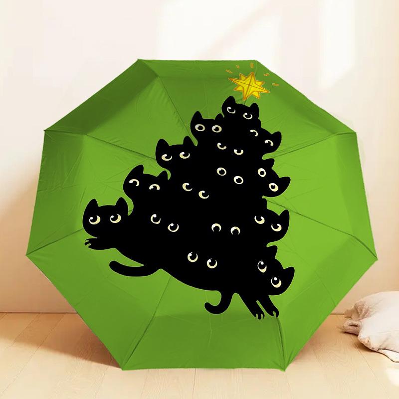 Black Cat Christmas Tree Umbrella: A Unique, Festive Design for Outdoor Adventures - Auto-Open/Close, Lightweight & Durable